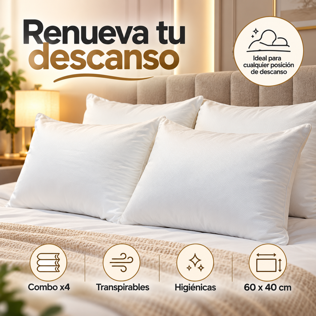 ☁️ COMBO X4 ALMOHADAS: RENUEVA TU DESCANSO Y DISFRUTA MÁS CADA NOCHE