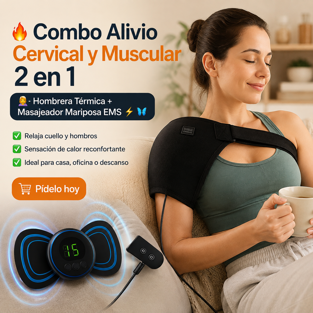 🔥 Combo Alivio Cervical y Muscular 2 en 1 💆‍♀️✨ Hombrera Térmica 🔥 + Masajeador Mariposa EMS ⚡🦋